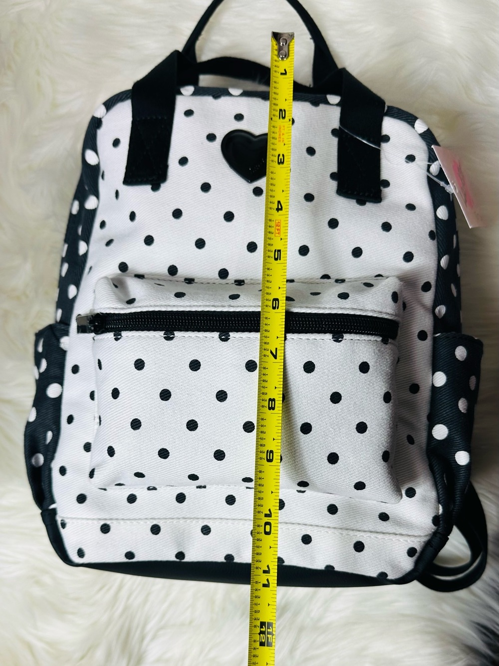 Betsey Johnson Black & White Polka Dot Heart Patch Backpack - Picture 6 of 16